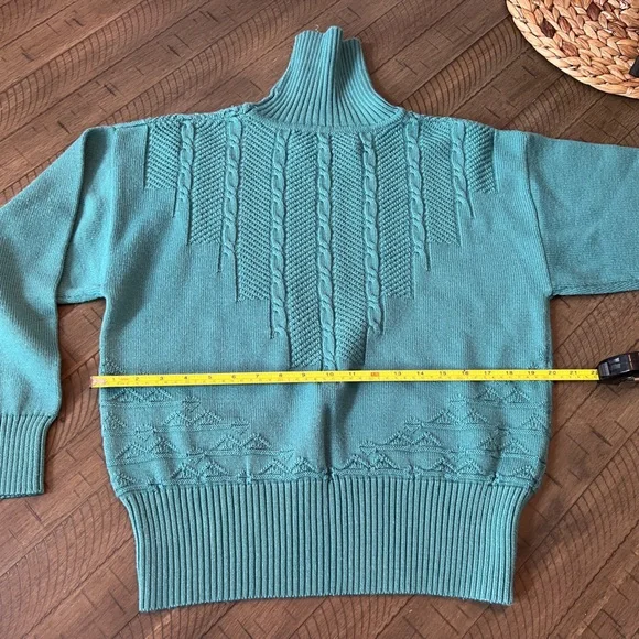 Vintage Bogner Teal Wool/Acrylic Cable Knit Turtleneck Sweater LIKE NEW Sz M - Picture 7 of 10